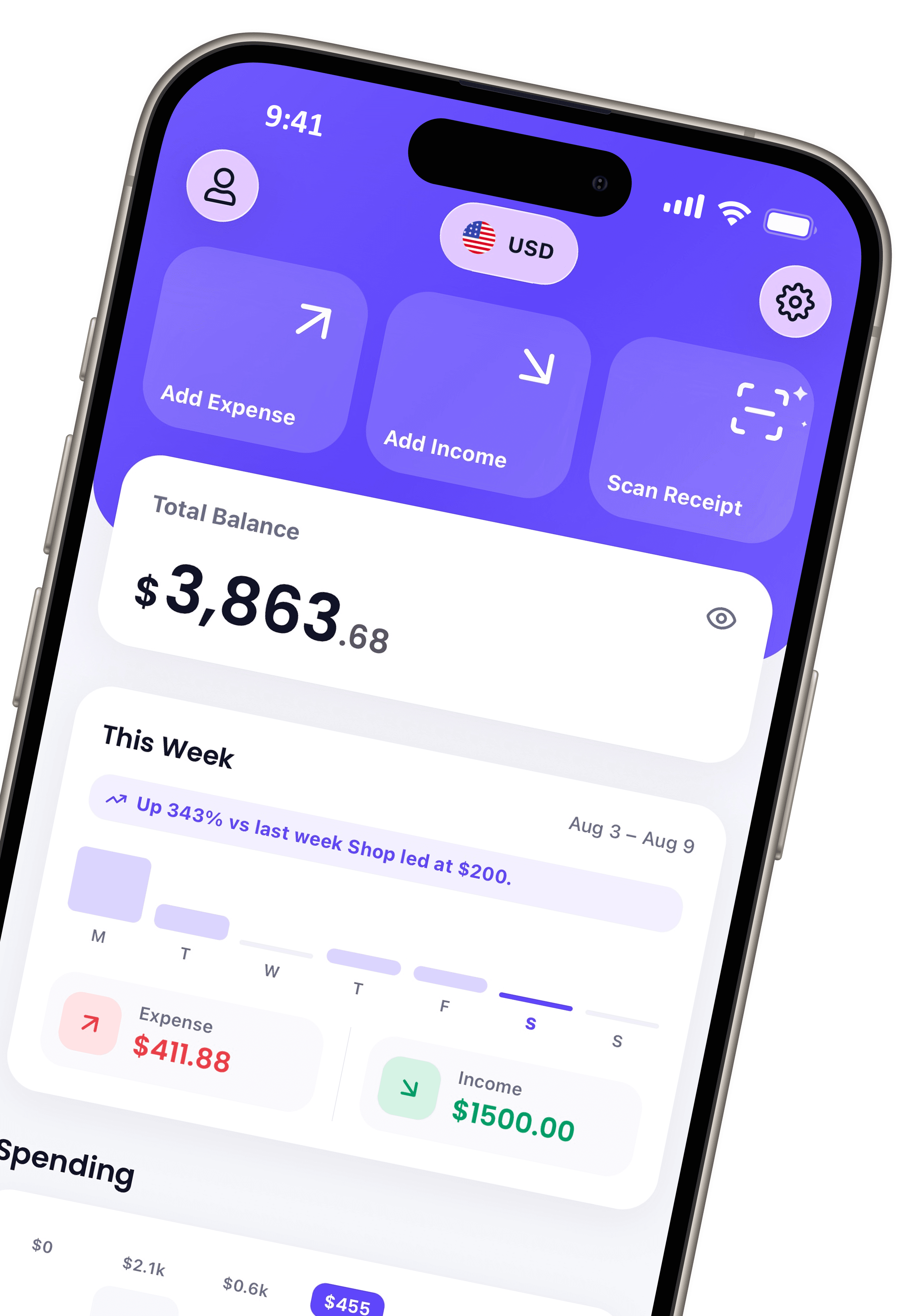Spend AI money tracking app running on iPhone